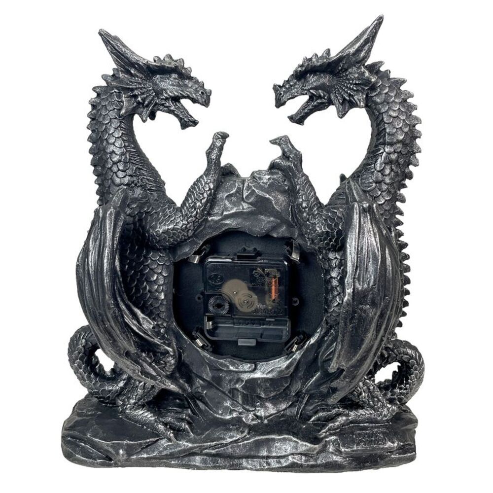 Twin Evil Dragons Antiqued Mantel Clock Table Desk - Picture 7 of 7
